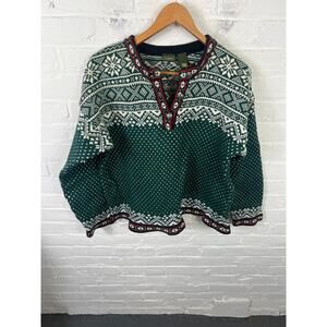 L.L. Bean Women's Fair Isle Knit Nordic Henley Neck Sweater Latvian Green Size L